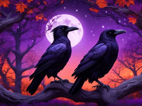Two Ravens Perched on a Twisted Tree Branch Under a Full Moon