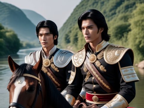 Two Regal Warriors on Horseback by a River