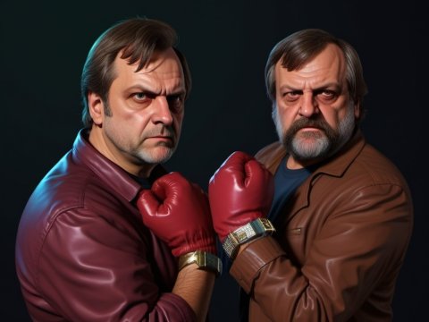 Two Serious Men with Boxing Gloves in Leather Jackets