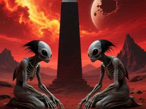 Two Skeletal Aliens Kneeling by a Monolith on a Fiery Red Planet