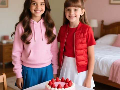 Two Smiling Girls with Strawberry Cake in Cozy Bedroom