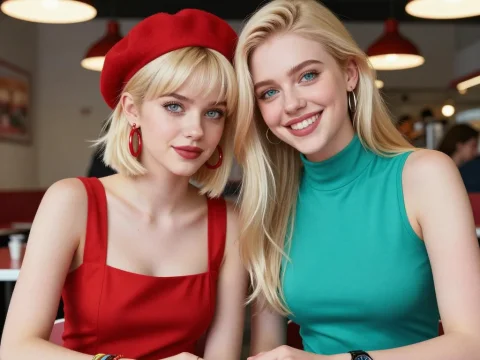 Two Smiling Women in Vibrant Outfits at a Cafe