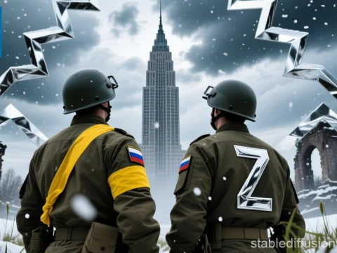 Two Soldiers Facing a War-Torn Cityscape with Symbolic Emblems