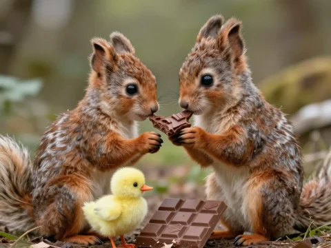 Two Squirrels Sharing Chocolate with a Duckling