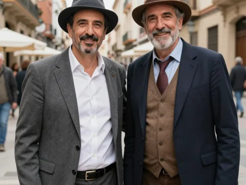 Two Stylish Men in Classic Hats and Suits on City Street