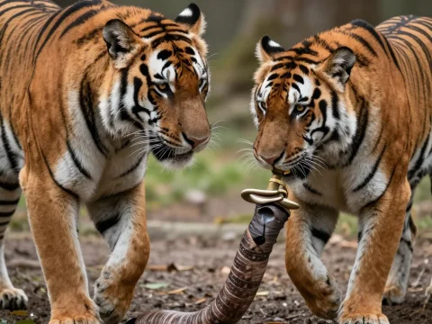 Two Tigers Interacting with a Curved Horn Object
