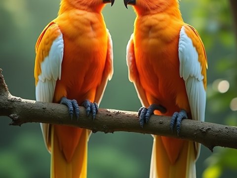 Two Vibrant Orange Parrots Wearing Ornate Crowns on a Branch