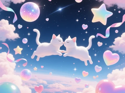 Two White Cats Kissing in a Dreamy Pastel Sky