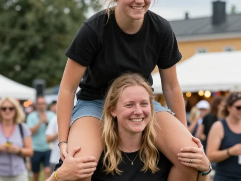 Two Women Enjoying a Festival with One on Shoulders