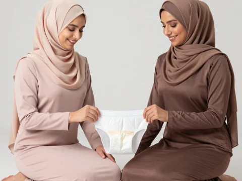 Two Women in Hijabs Holding a Diaper