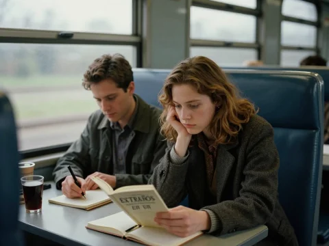 Two Young Adults Reading and Writing on a Train