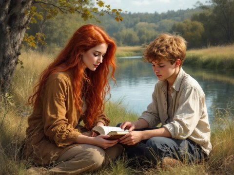 Two Young People Reading by a Riverside in the Countryside