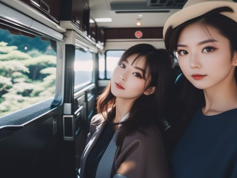 Two Young Women Traveling in a Modern Vehicle