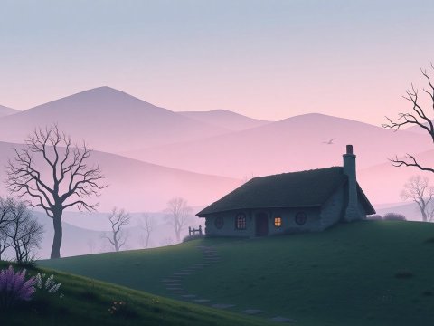 Ultra Minimalistic Ambient Cottage Scene at Dusk