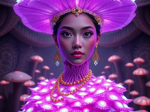 Ultra-Realistic 3D Portrait of a Woman in Glowing Mushroom Attire