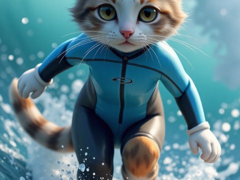 Ultra Realistic Cat Surfing in Wetsuit