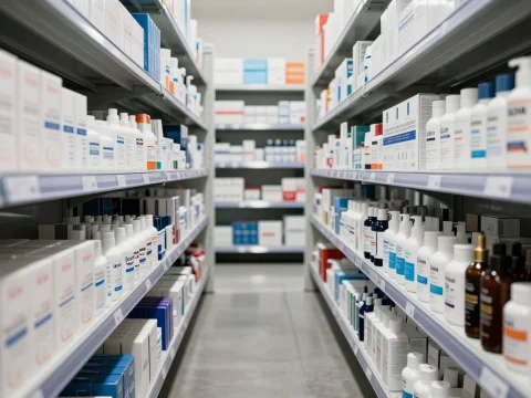 Ultra Realistic Cosmetic Warehouse Aisle with Shelves of Products