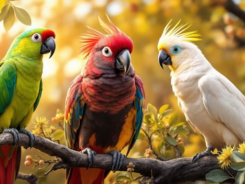 Ultra Realistic Parrots on Branch in Golden Light