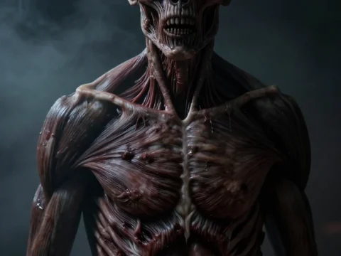 Uncanny Horror Creature with Glowing Red Eye