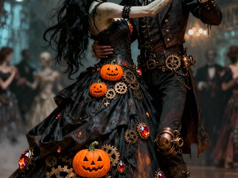 Undead Couple Dancing at a Surreal Halloween Prom