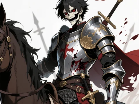 Undead Knight in Bloodied Armor on Horseback