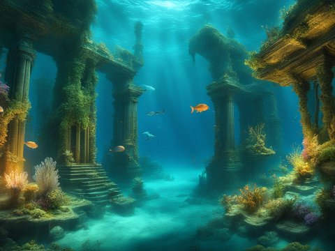 Underwater Ancient Ruins with Marine Life