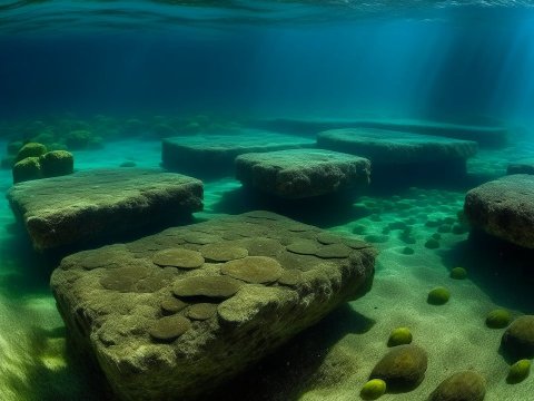 Underwater Ancient Stone Structures in Clear Blue Water