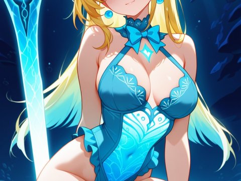 Underwater Blonde Warrior in Blue Fantasy Outfit