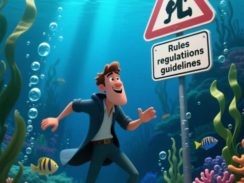 Underwater Cartoon Man Discovering Rules Sign