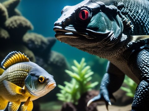 Underwater Encounter Between Fish and Large Reptile