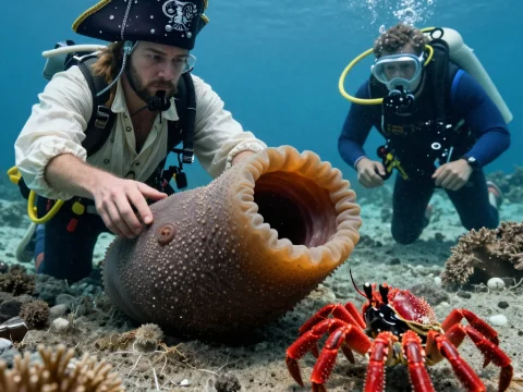 Underwater Exploration with Pirate Diver and Vibrant Crab