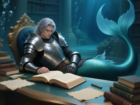 Underwater Knight Merman Studying in Ancient Library