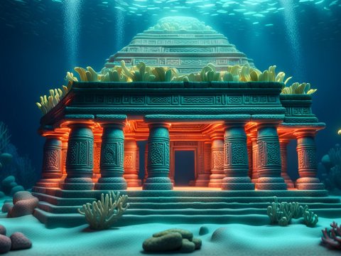 Underwater Mayan Temple Illuminated by Glowing Coral
