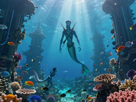 Underwater Merfolk Warriors Among Coral and Ruins
