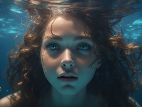 Underwater Portrait of a Girl with Curly Hair and Blue Eyes