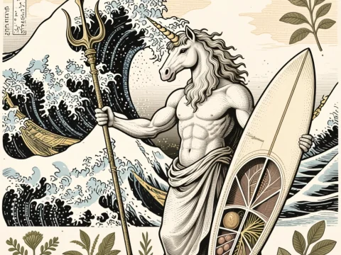 Unicorn Poseidon Holding Trident and Surfboard with Ocean Waves