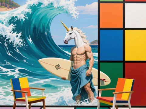 Unicorn Poseidon Surfing with Mondrian Style Background