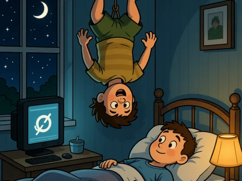Upside Down Cartoon Boy Hanging in Bedroom at Night