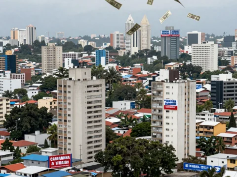 Urban Cityscape with Floating Dollar Bills