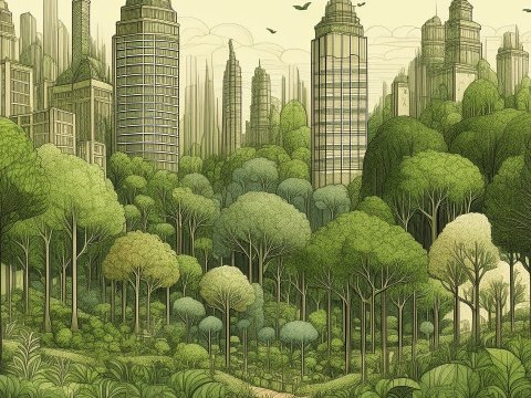 Urban Forest Harmony: Cityscape Blended with Lush Greenery