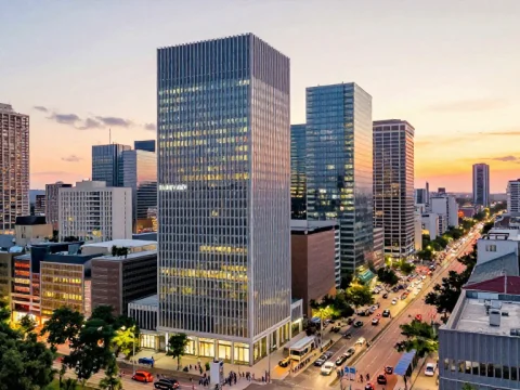 Urban Panorama at Sunset with Modern Skyscrapers