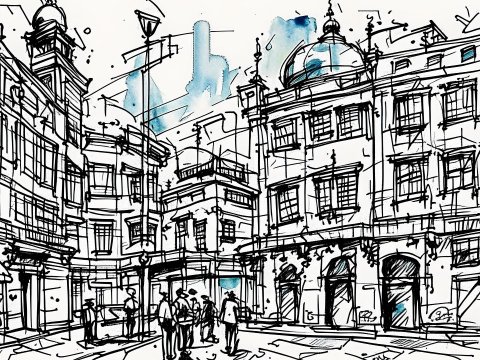 Urban Sketch of Historic City Square with People
