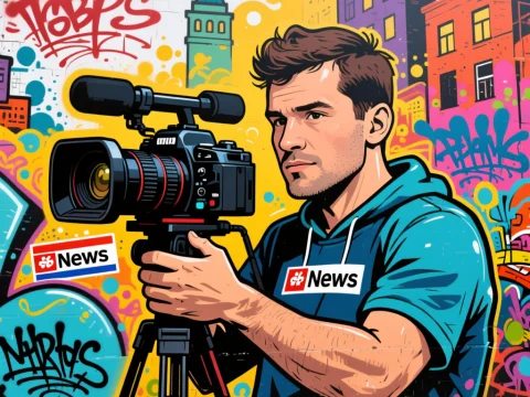 Urban Street Art of a News Cameraman Filming