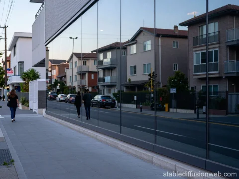 Urban Street Scene with Reflective Glass Building