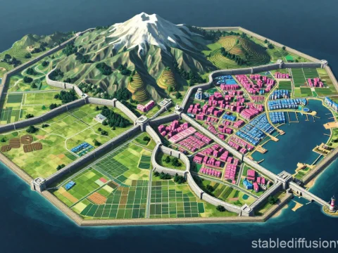 Uzushio Kingdom Fantasy Map with Mountain and Harbor