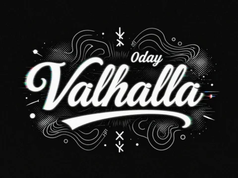 Valhalla Oday Logo with Artistic White Script on Black