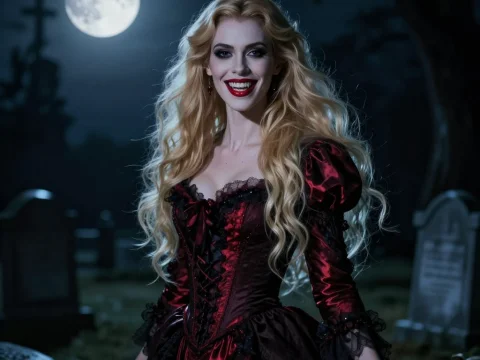 Vampire Lady in Moonlit Graveyard