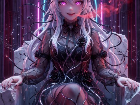 Vampire Queen with Neon Aura in Gothic Throne Room