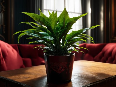 Vampire-Themed Potted Plant in Elegant Living Room
