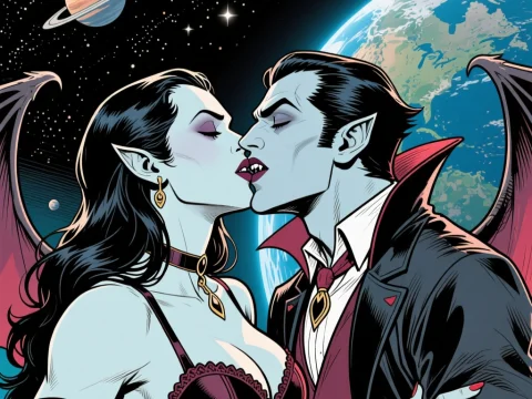 Vampires Kissing in Space with Earth and Planets